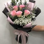 Blushing Pink Roses & Blue Thistle Elegant Bouquet