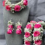 Pink Rose & Baby’s Breath Floral Jewelry Set (Choker, Earrings & Gajras)